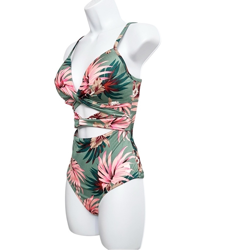 Shade & Shore Floral Palms Cutout One Piece Swimsuit Size Medium 34C Green Pink - Picture 2 of 8